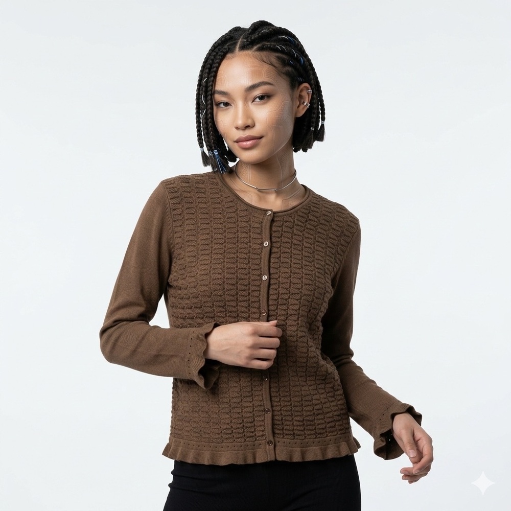 Jenny Long Sleeve Basketweave Scallop Cardigan Casual Business Sweater SZ M